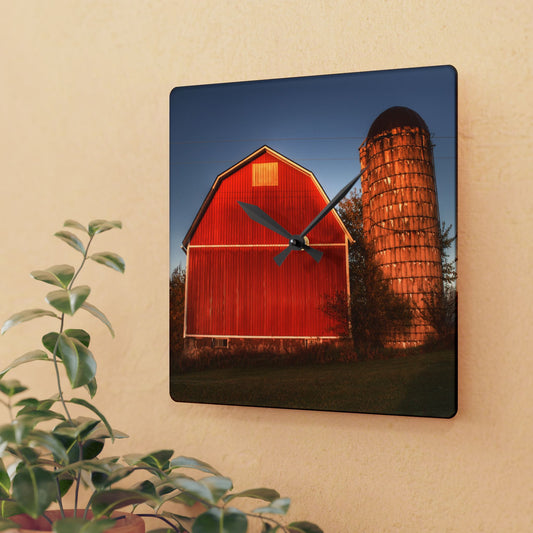 U R There Photography Klam Road Red Meets Foggy Sunrise I Rustic Farmhouse Acrylic Analog Wall Clock