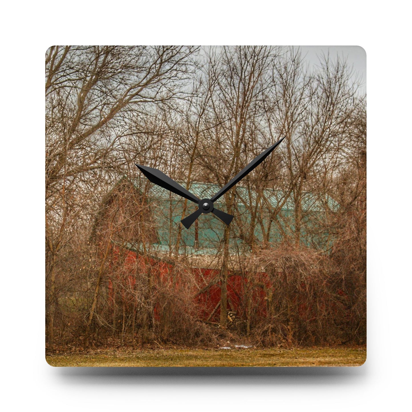 U R There Photography Bray Road Hidden Barnyard Red III Rustic Farmhouse Acrylic Analog Wall Clock