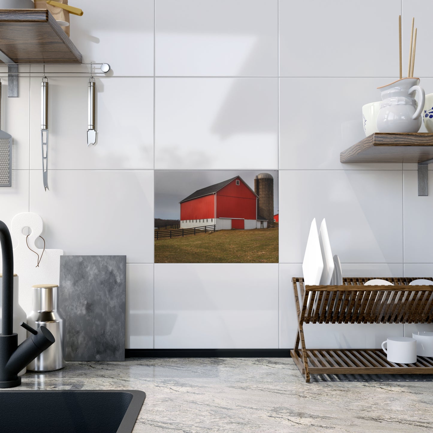 U R There Photography Brocker Road Red I Rustic Farmhouse Decorative Ceramic Tile 6" × 8" Glossy