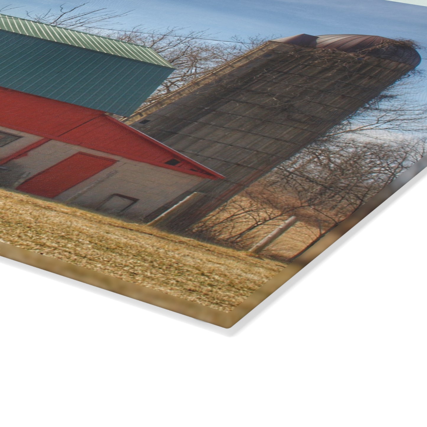 U R There Photography Wilson Road Red and Silo II Rustic Farmhouse Tempered-Glass Cutting Board