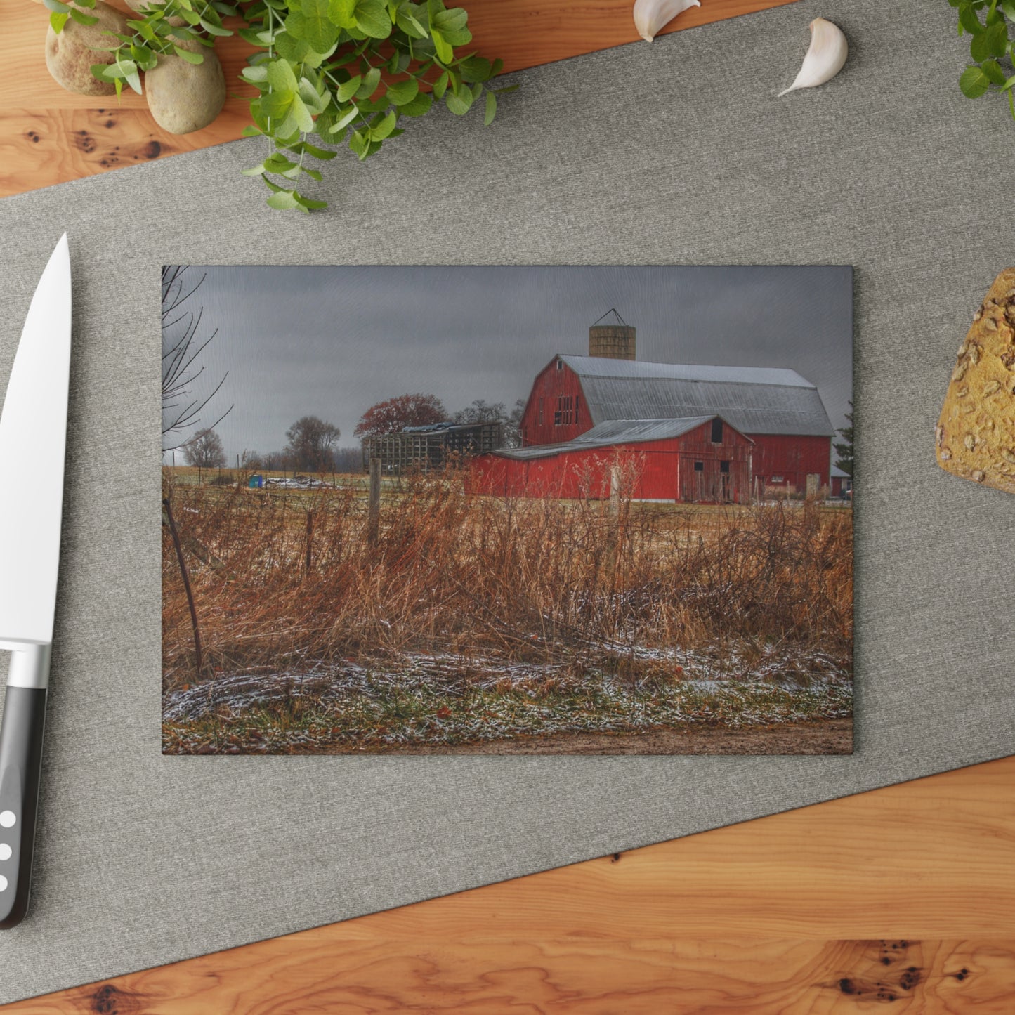 U R There Photography Hough Road Reds I Rustic Farmhouse Tempered-Glass Cutting Board