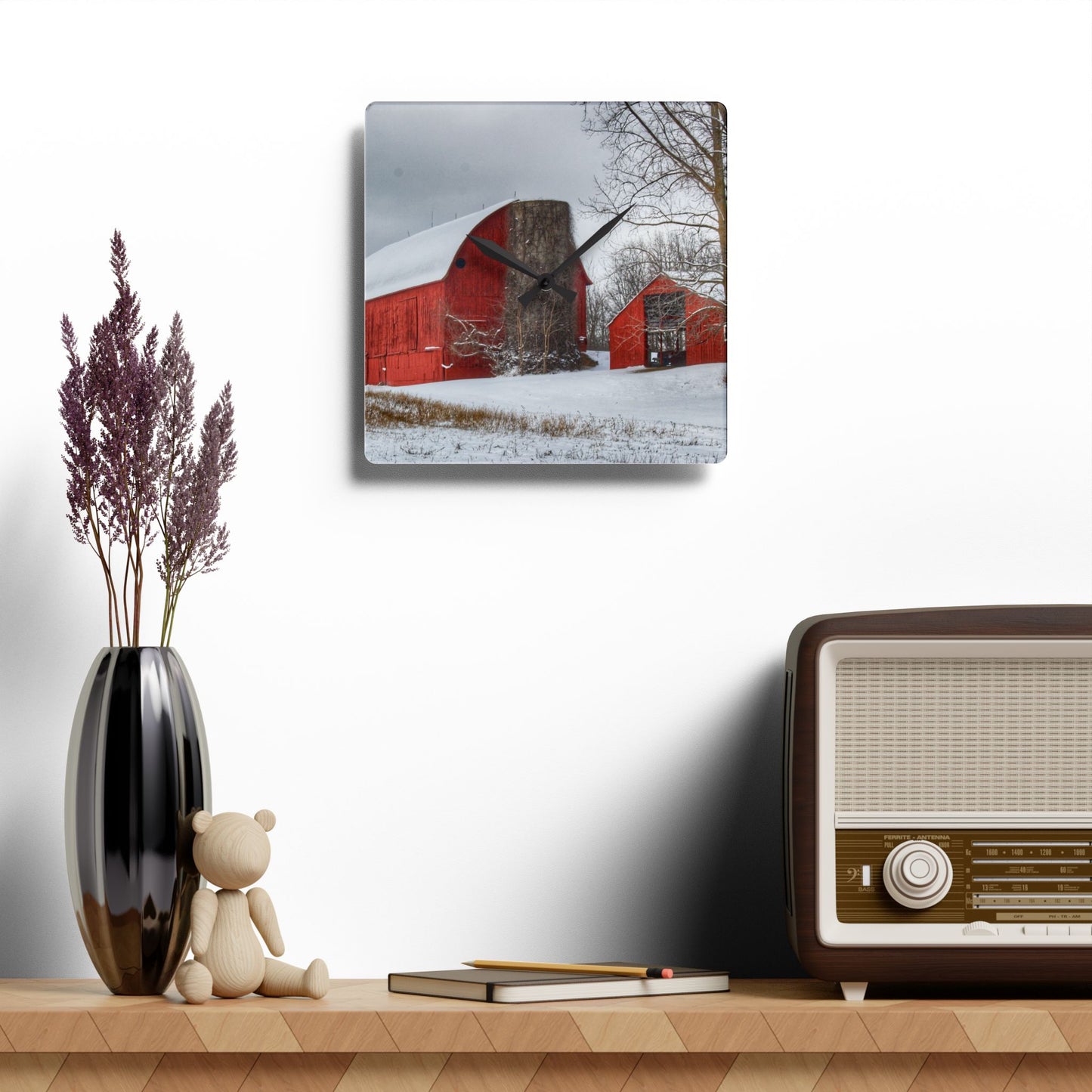 U R There Photography Catlin Reds in Winter I Rustic Farmhouse Acrylic Analog Wall Clock