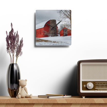 U R There Photography Catlin Reds in Winter I Rustic Farmhouse Acrylic Analog Wall Clock
