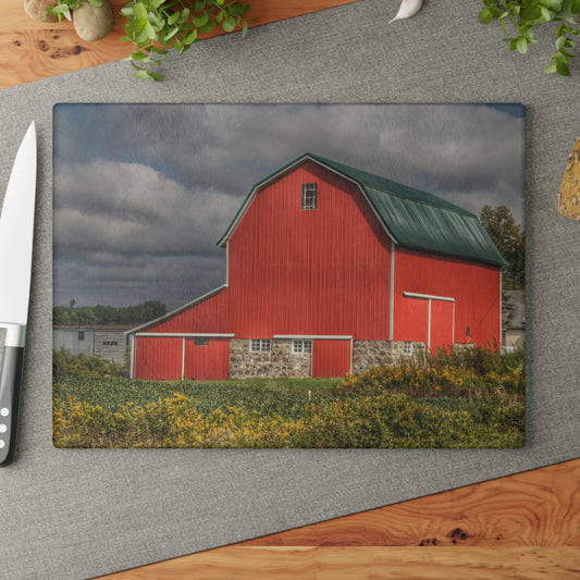 U R There Photography Valentine Road Fieldstone Red Rustic Farmhouse Tempered-Glass Cutting Board