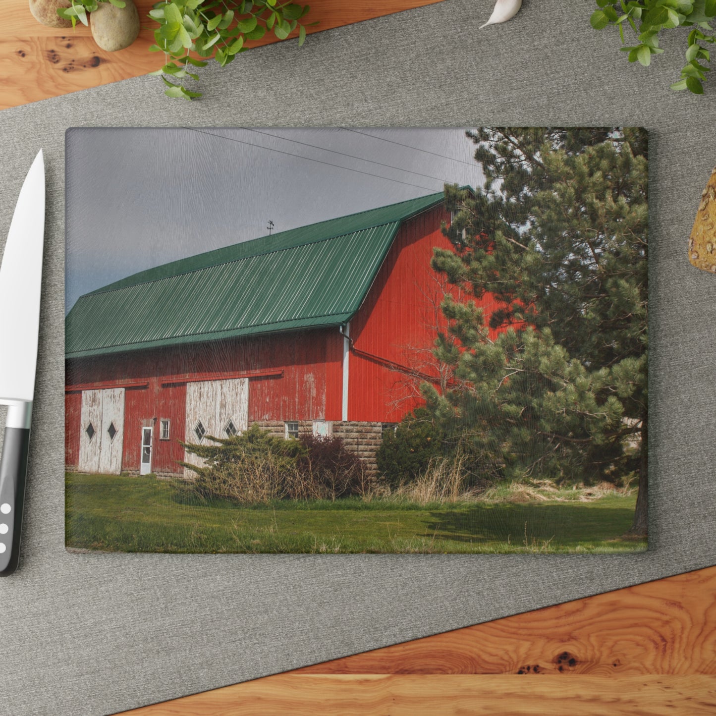 U R There Photography McAlpine Hidden Red Rustic Farmhouse Tempered-Glass Cutting Board