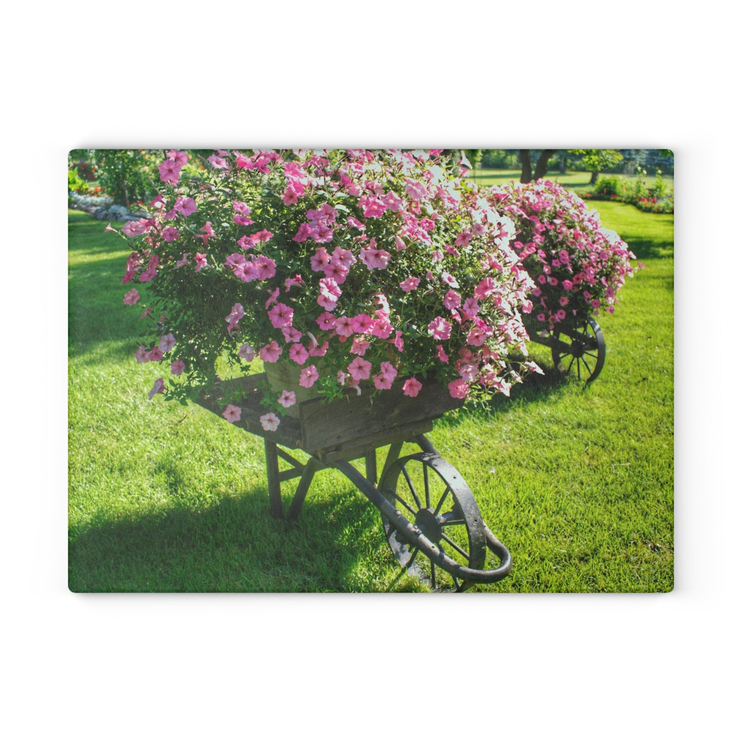 Barn Boutique Rustic Tempered-Glass Cutting Board| Wheelbarrow Full of Flowers