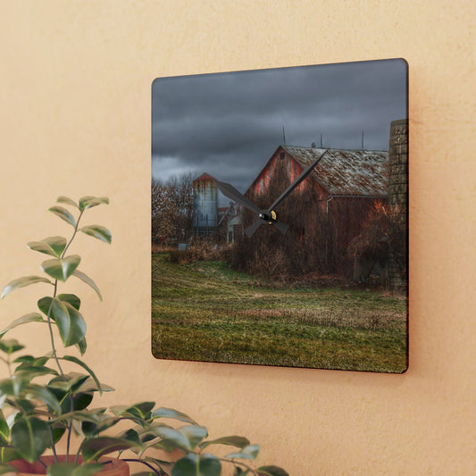 U R There Photography Slattery Road Old Red and Silo I Rustic Farmhouse Acrylic Analog Wall Clock