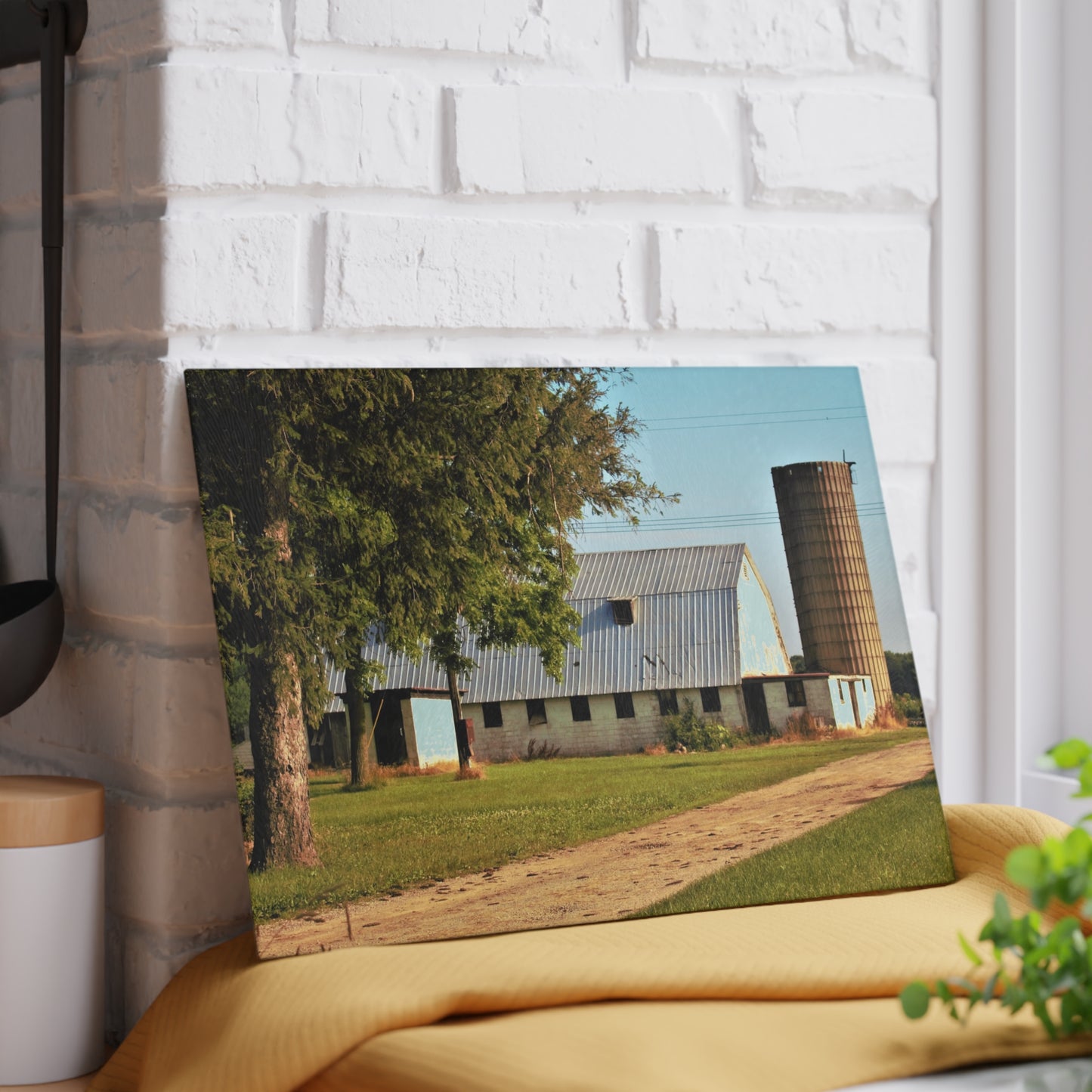 U R There Photography White Barn and Silo Rustic Farmhouse Tempered-Glass Cutting Board
