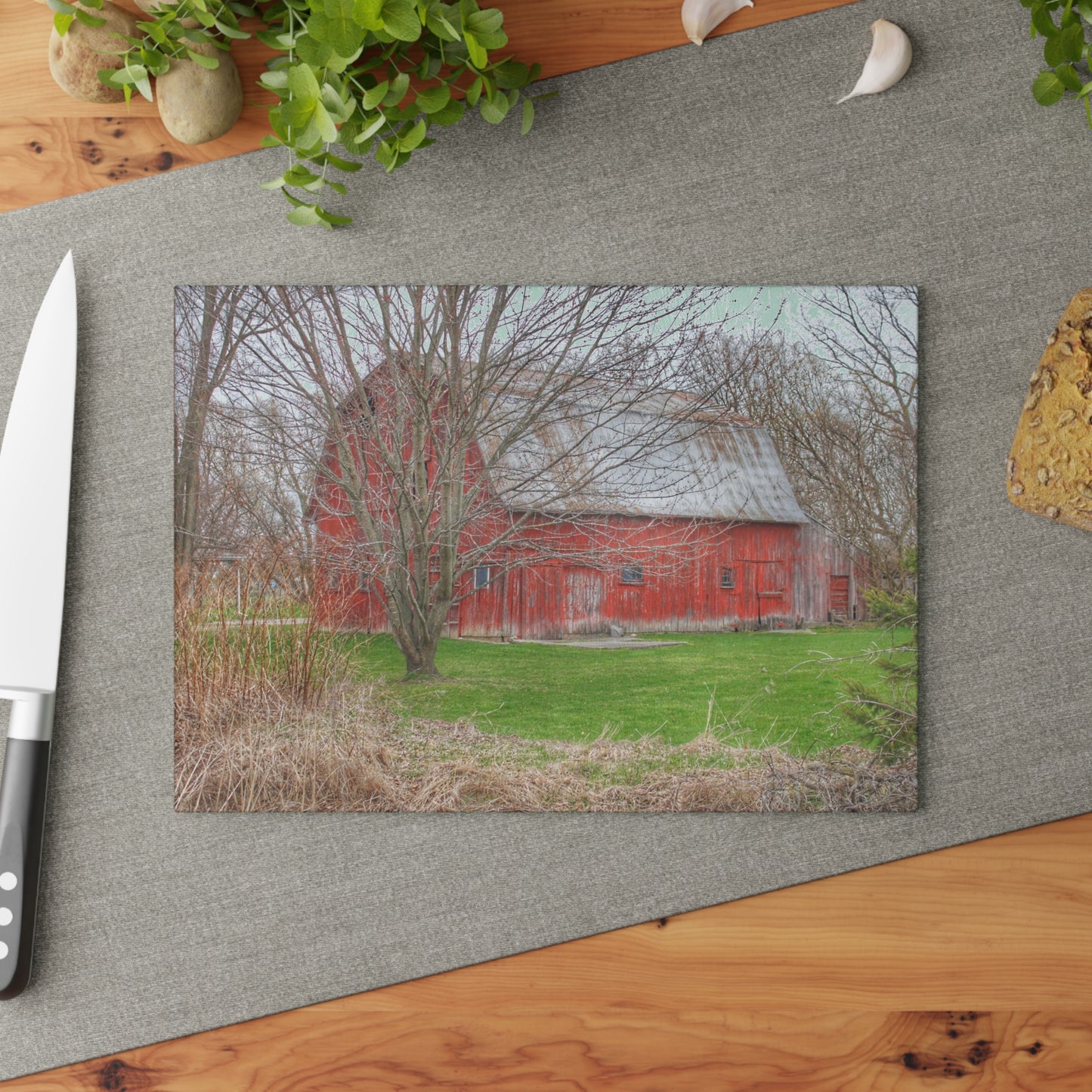 U R There Photography Dodge Road Rusted Red Rustic Farmhouse Tempered-Glass Cutting Board