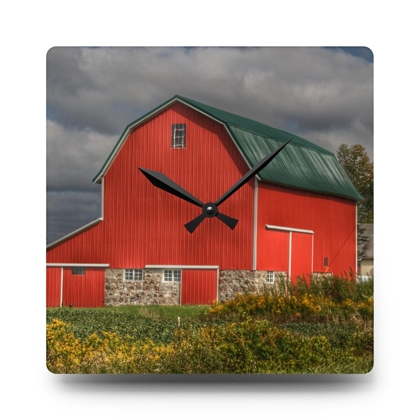 U R There Photography Valentine Road Fieldstone Red Rustic Farmhouse Acrylic Analog Wall Clock