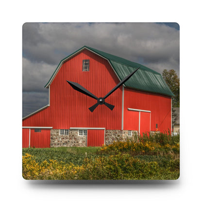 U R There Photography Valentine Road Fieldstone Red Rustic Farmhouse Acrylic Analog Wall Clock