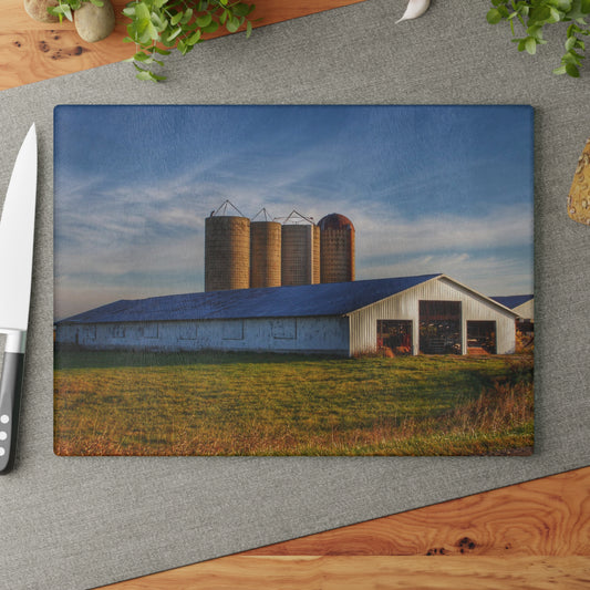 U R There Photography Peck White and Silos Rustic Farmhouse Tempered-Glass Cutting Board