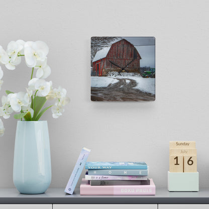 U R There Photography Marathon Road Red in Winter Rustic Farmhouse Acrylic Analog Wall Clock