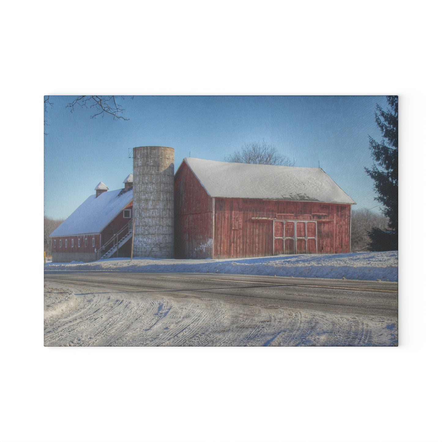 U R There Photography Metamora Red in Winter Rustic Farmhouse Tempered-Glass Cutting Board