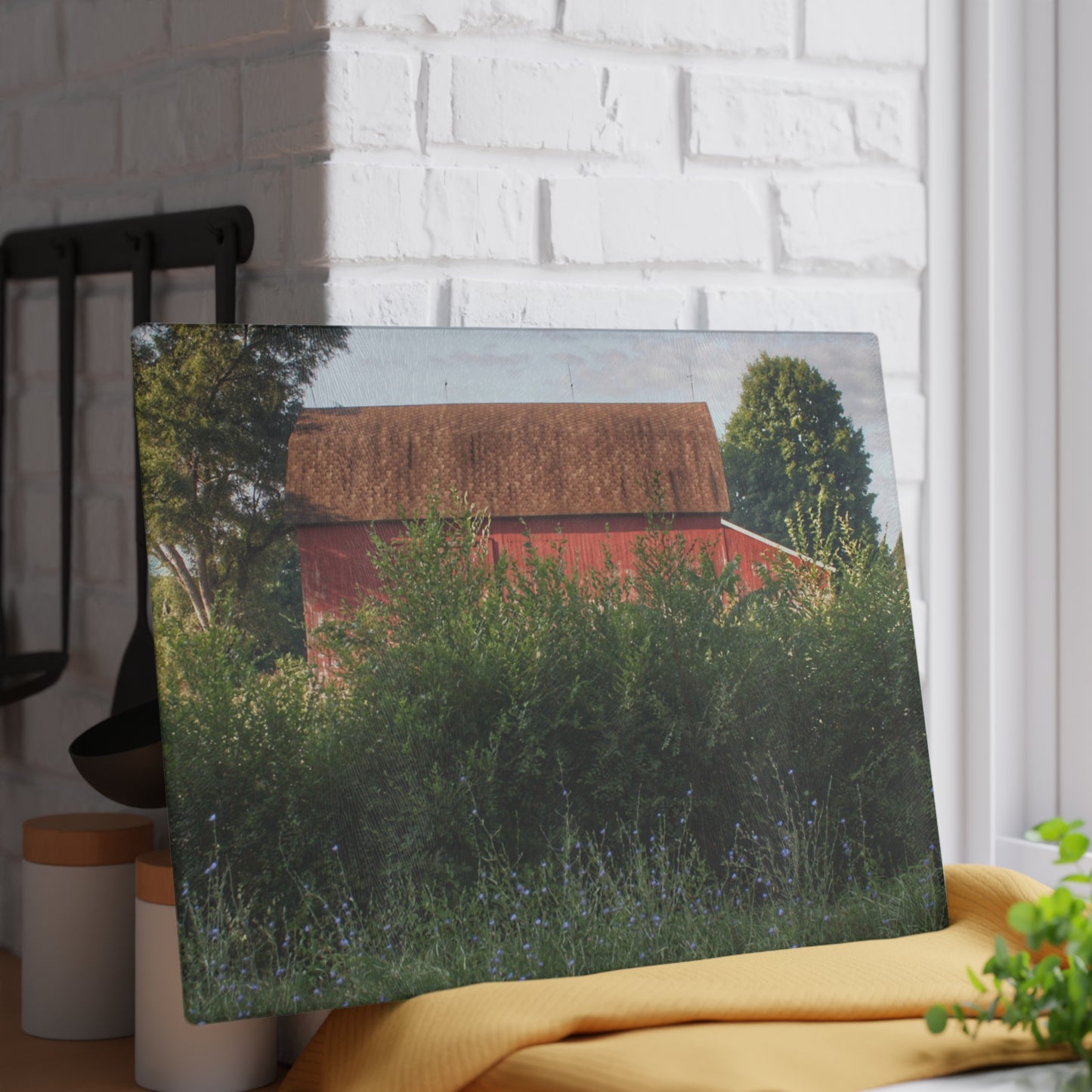 U R There Photography Genesee Road Red I Rustic Farmhouse Tempered-Glass Cutting Board