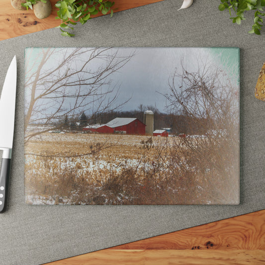 U R There Photography Brook Road Red in Winter Rustic Farmhouse Tempered-Glass Cutting Board