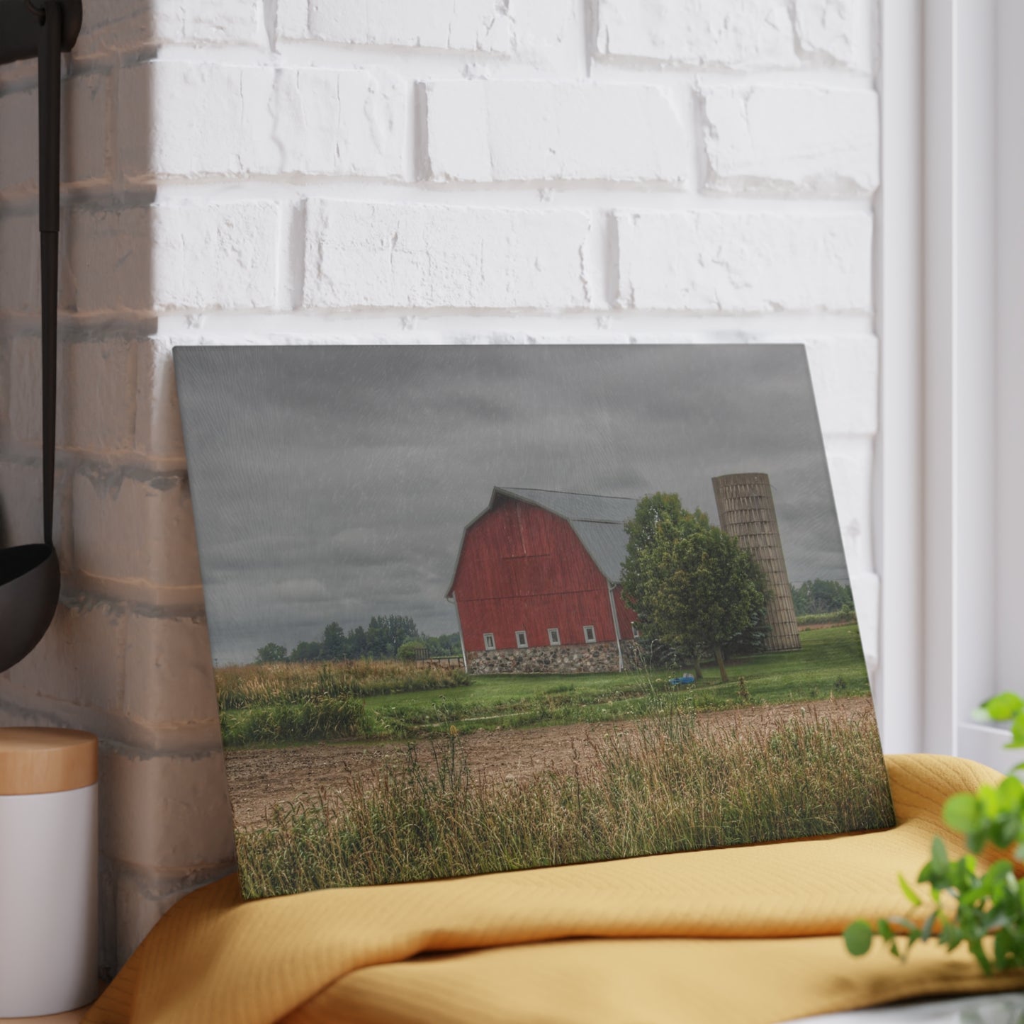 U R There Photography Clifford Road Red and Silo II Rustic Farmhouse Tempered-Glass Cutting Board