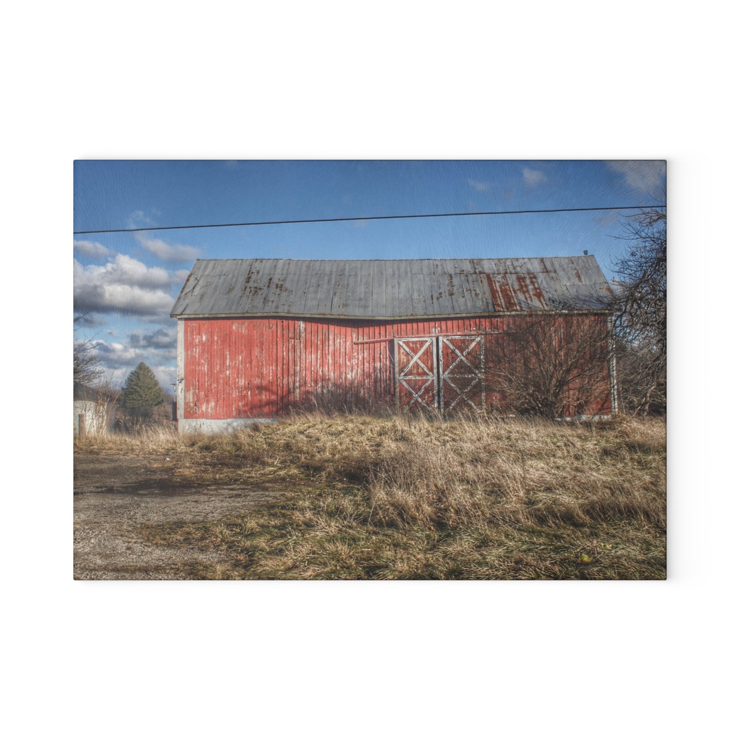 U R There Photography Lapeer Road Crooked Red Rustic Farmhouse Tempered-Glass Cutting Board