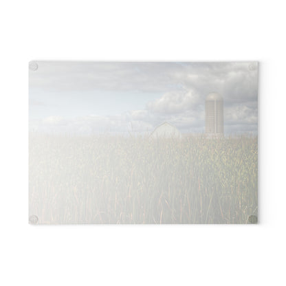 U R There Photography White Barn Overlooking Cornfield Rustic Farmhouse Tempered-Glass Cutting Board
