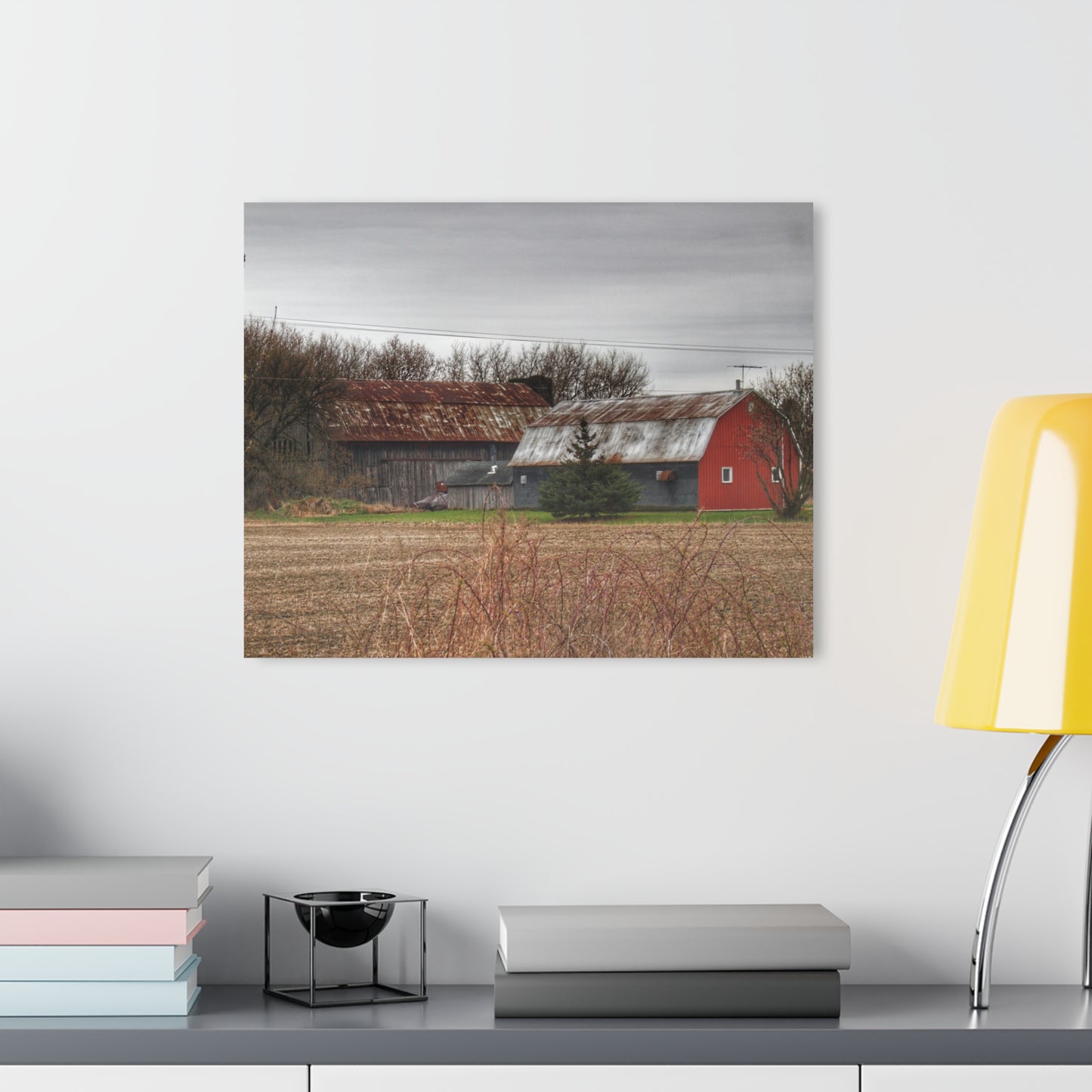 U R There Photography South Summers Road Rusted Grey and Little Red Rustic Farmhouse Acrylic Wall Print