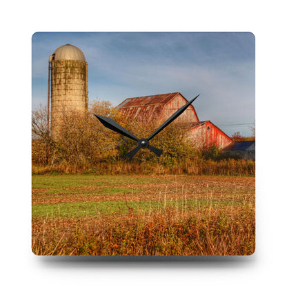 U R There Photography Cade Road Red and Silo Rustic Farmhouse Acrylic Analog Wall Clock