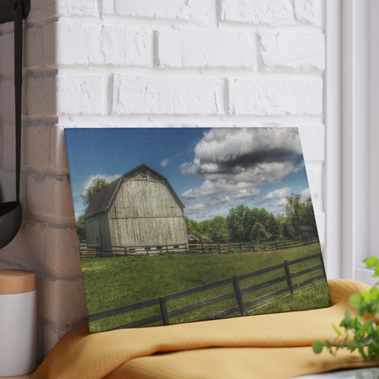 U R There Photography White Barn on a Sunny Day Rustic Farmhouse Tempered-Glass Cutting Board