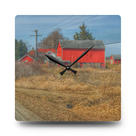 West Brown Road Red and Silo Rustic Farmhouse Acrylic Analog Wall Clock 10.75'' × 10.75'' (Square)