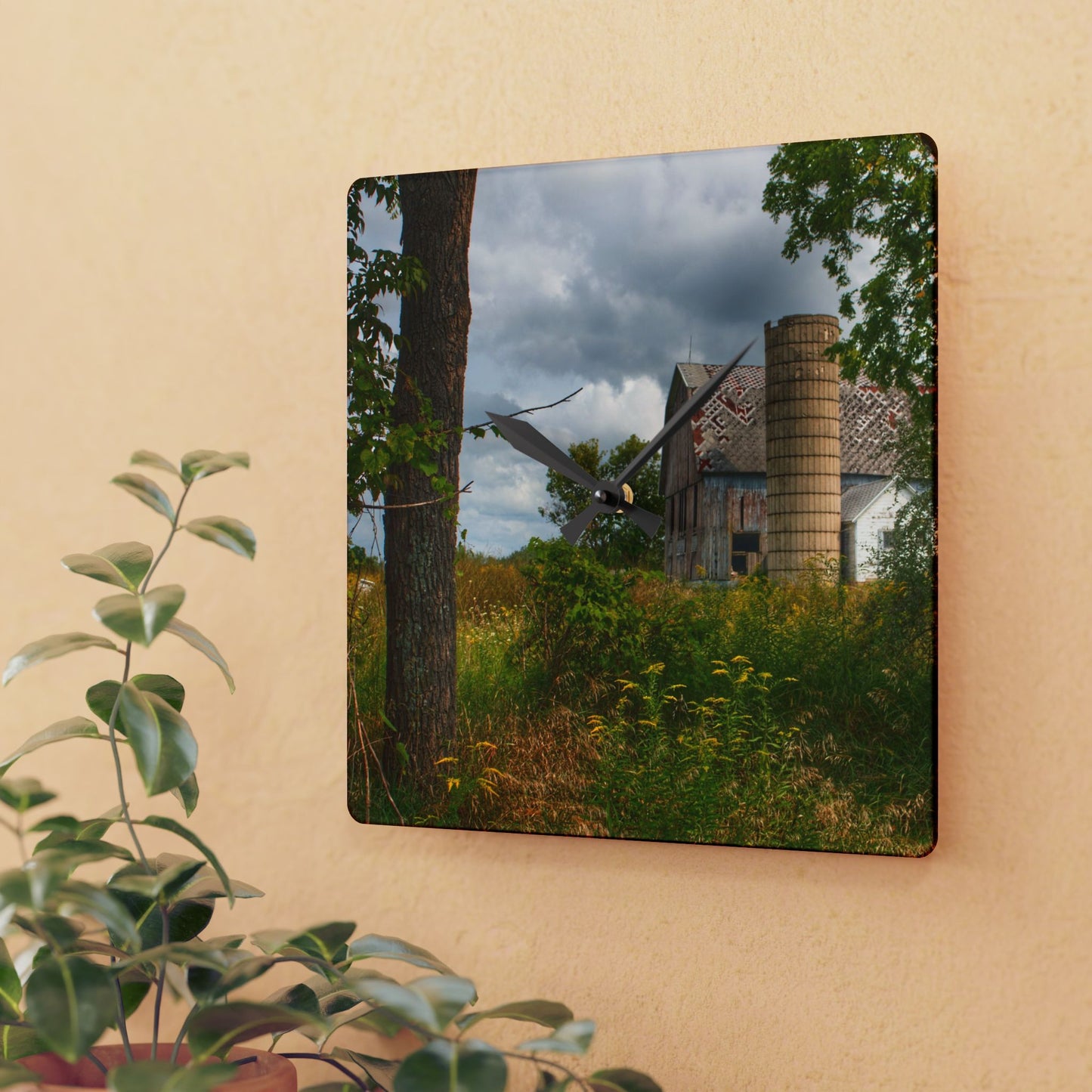 U R There Photography Hill Road Roadside Grey III Rustic Farmhouse Acrylic Analog Wall Clock