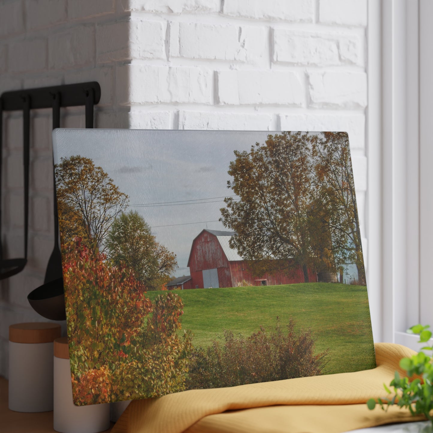 U R There Photography Lyons Road Red Rustic Farmhouse Tempered-Glass Cutting Board
