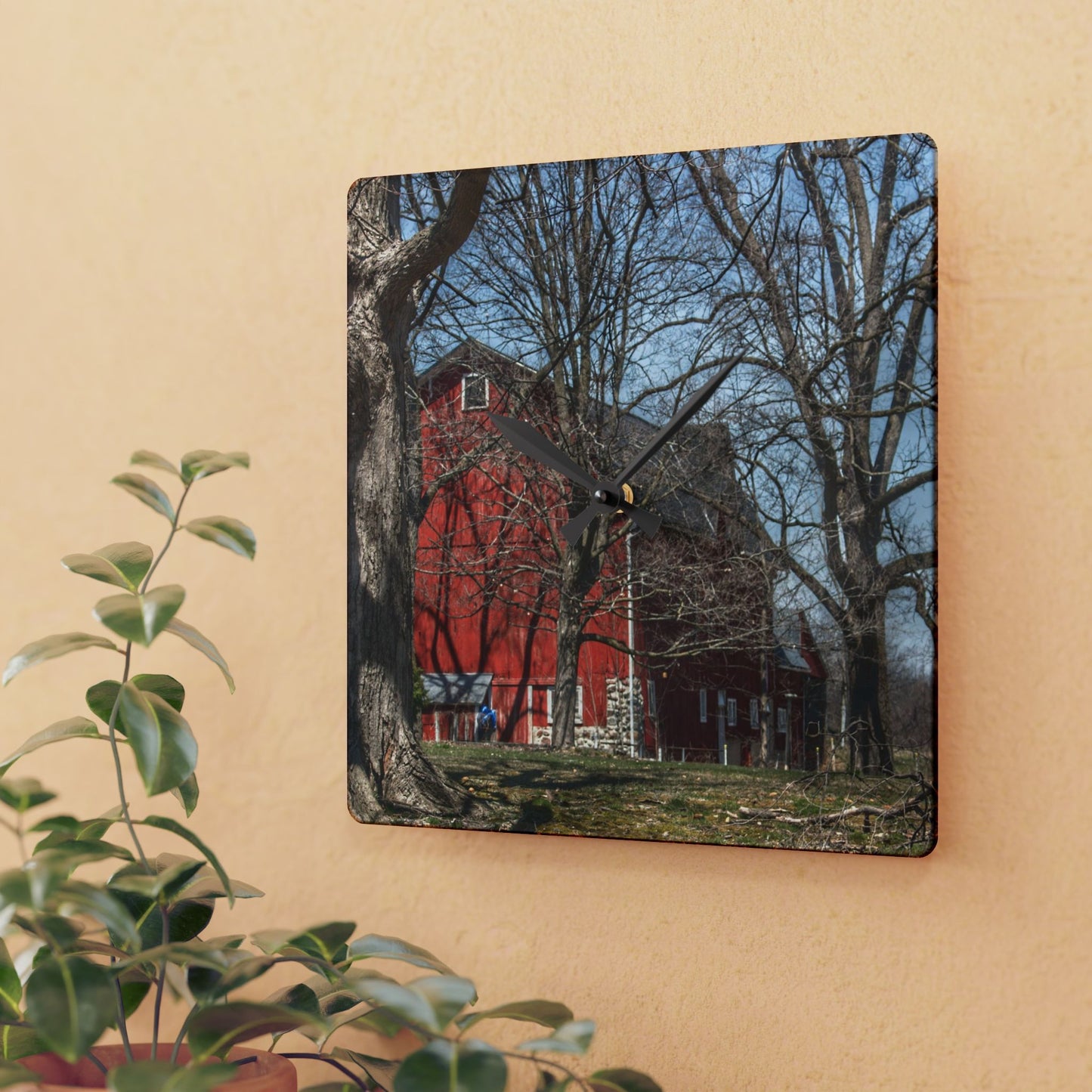 U R There Photography Hill Road Red Rustic Farmhouse Acrylic Analog Wall Clock