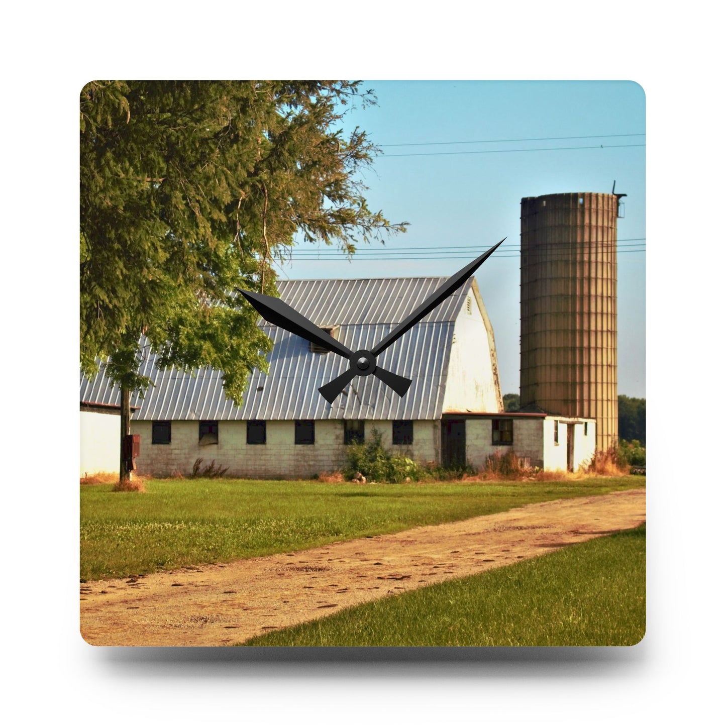 U R There Photography White Barn and Silo Rustic Farmhouse Acrylic Analog Wall Clock