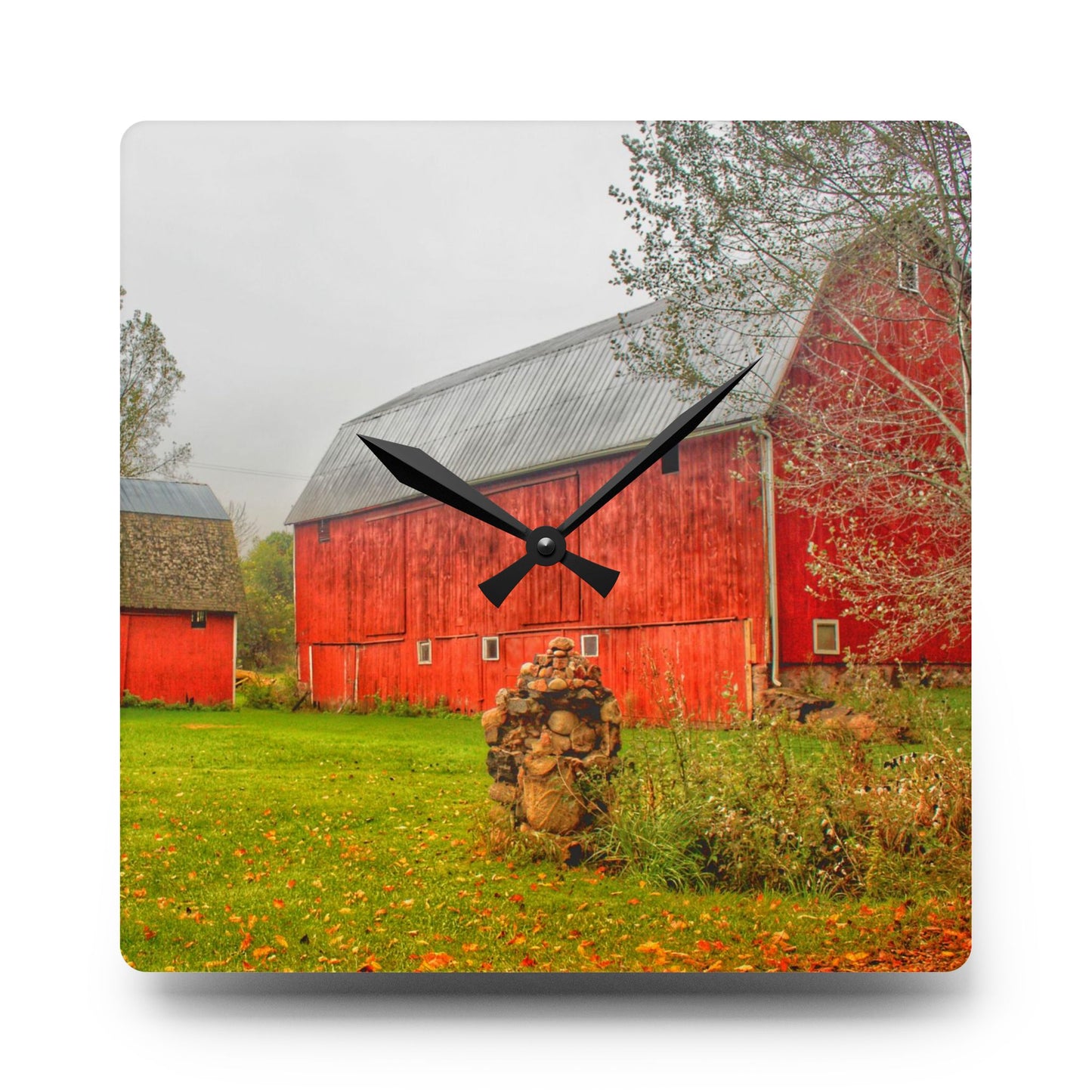 U R There Photography Cramton Road Reds I Rustic Farmhouse Wall Clock