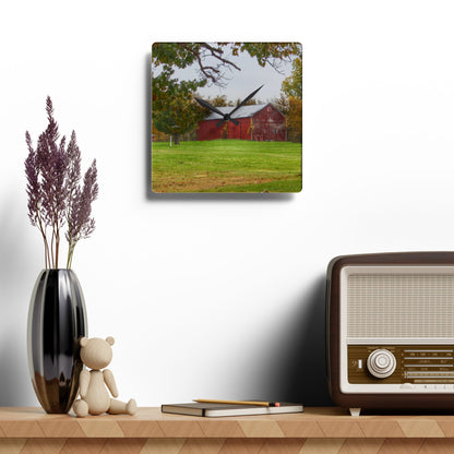 U R There Photography Hill Road Roadside Red Rustic Farmhouse Acrylic Analog Wall Clock
