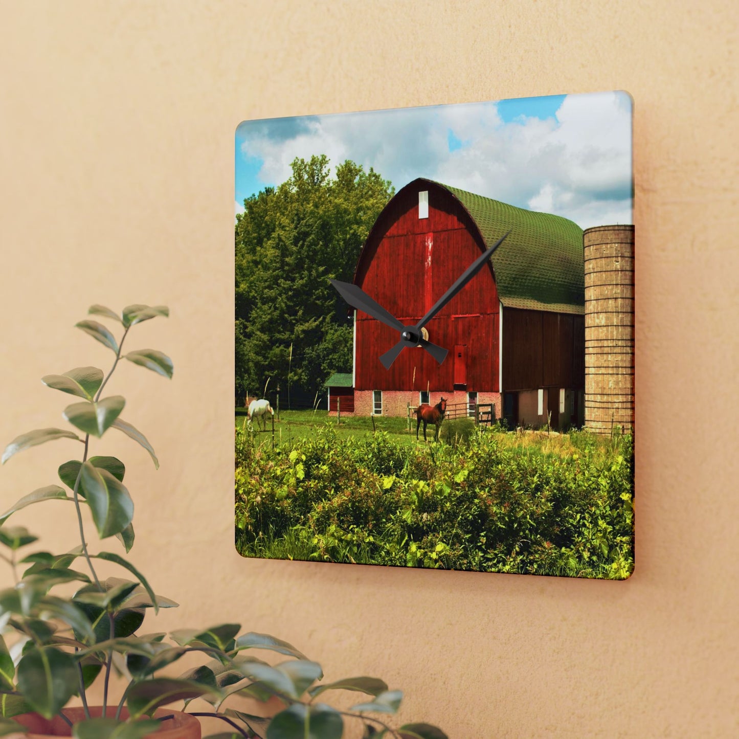 U R There Photography Elmwood Road Red and Horses Rustic Farmhouse Acrylic Analog Wall Clock
