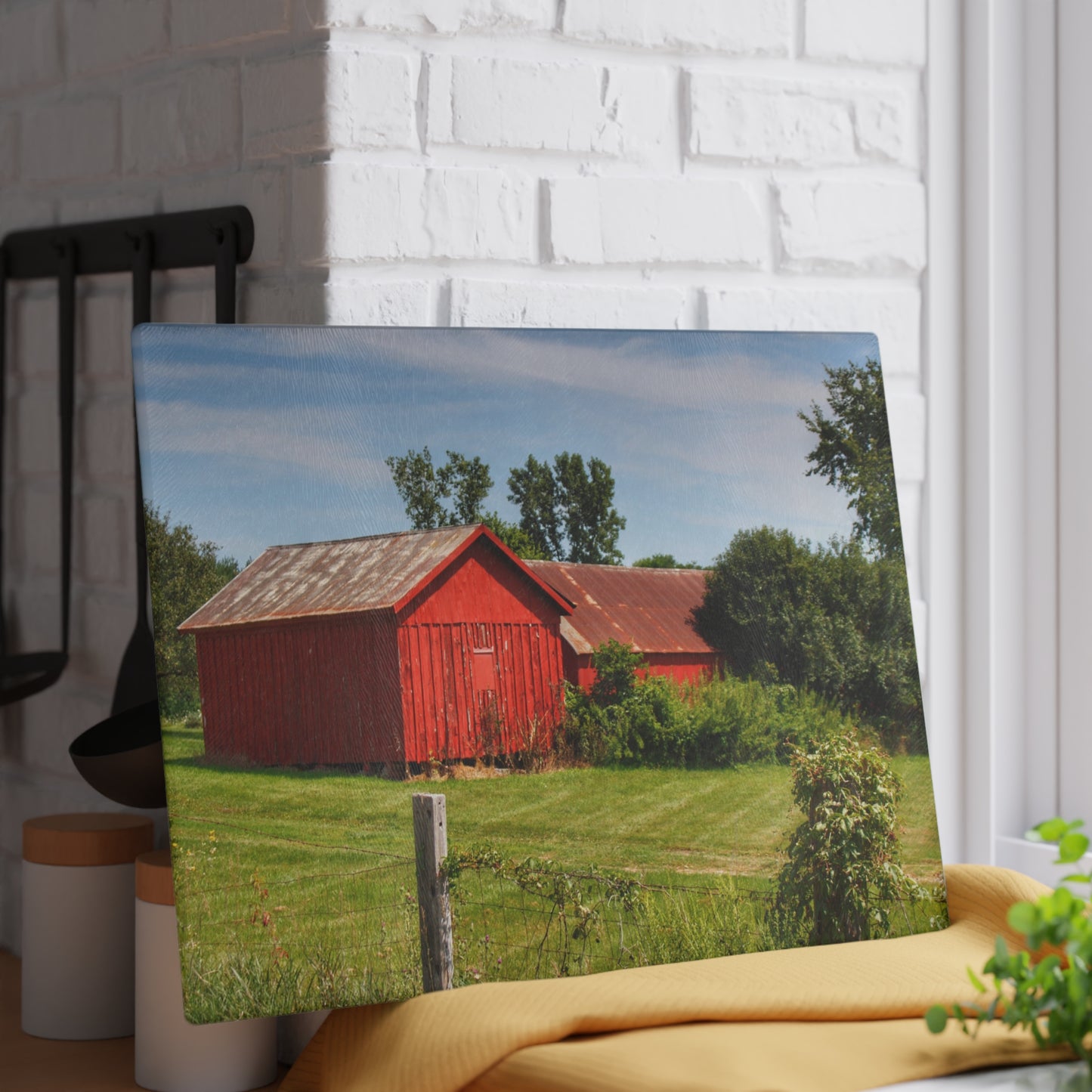 U R There Photography South Oak Road Reds II Rustic Farmhouse Tempered-Glass Cutting Board