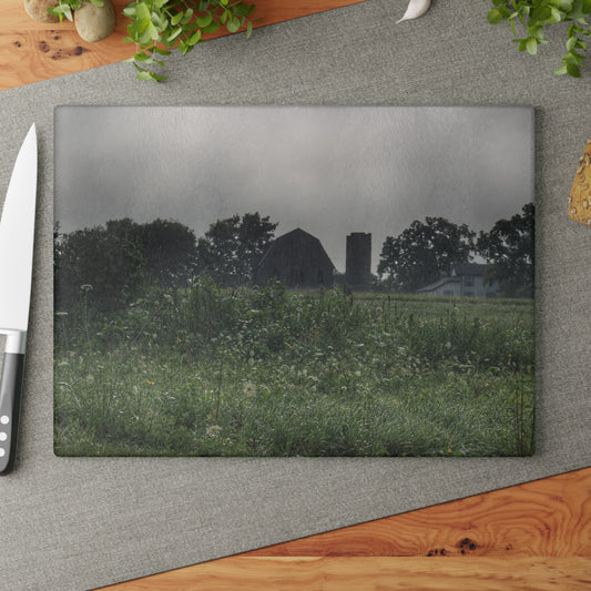 U R There Photography Hill Road Grey in the Fog Rustic Farmhouse Tempered-Glass Cutting Board