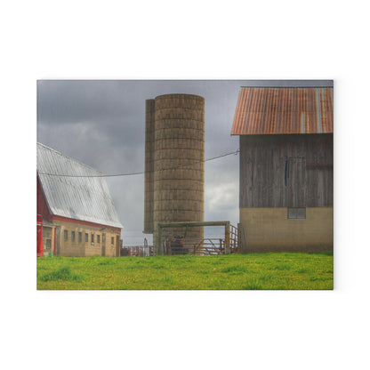 U R There Photography Clothier Road Grey and Silo Rustic Farmhouse Tempered-Glass Cutting Board