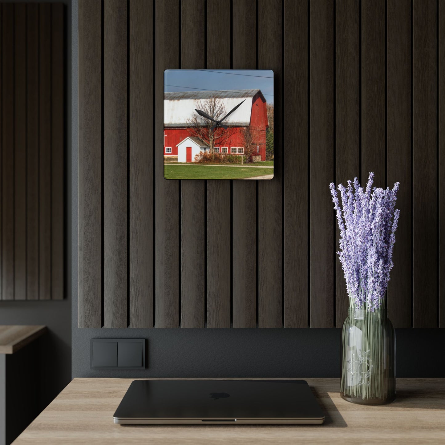 U R There Photography Bray Road Red I Rustic Farmhouse Acrylic Analog Wall Clock