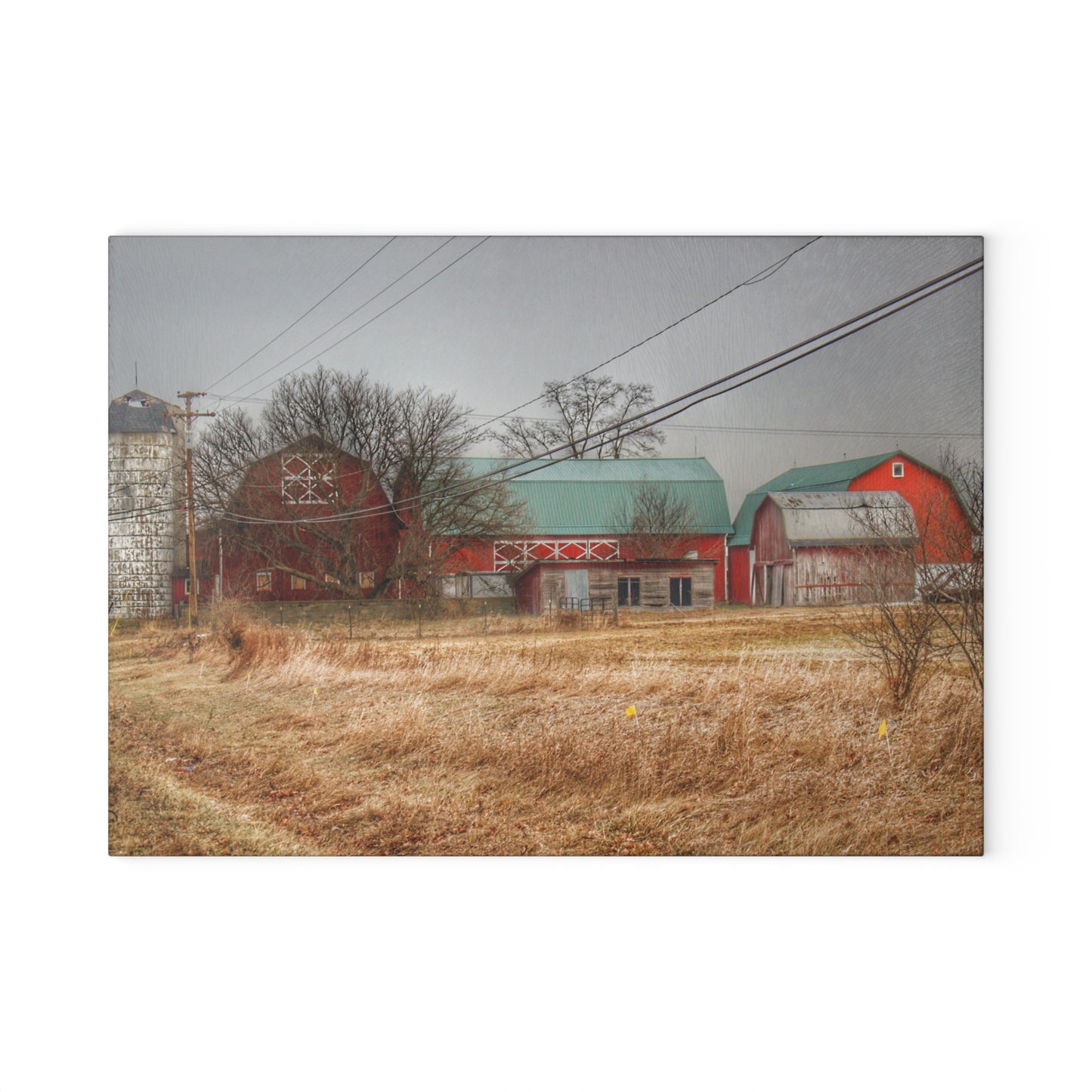 U R There Photography Mound Road Reds and Silo Rustic Farmhouse Tempered-Glass Cutting Board