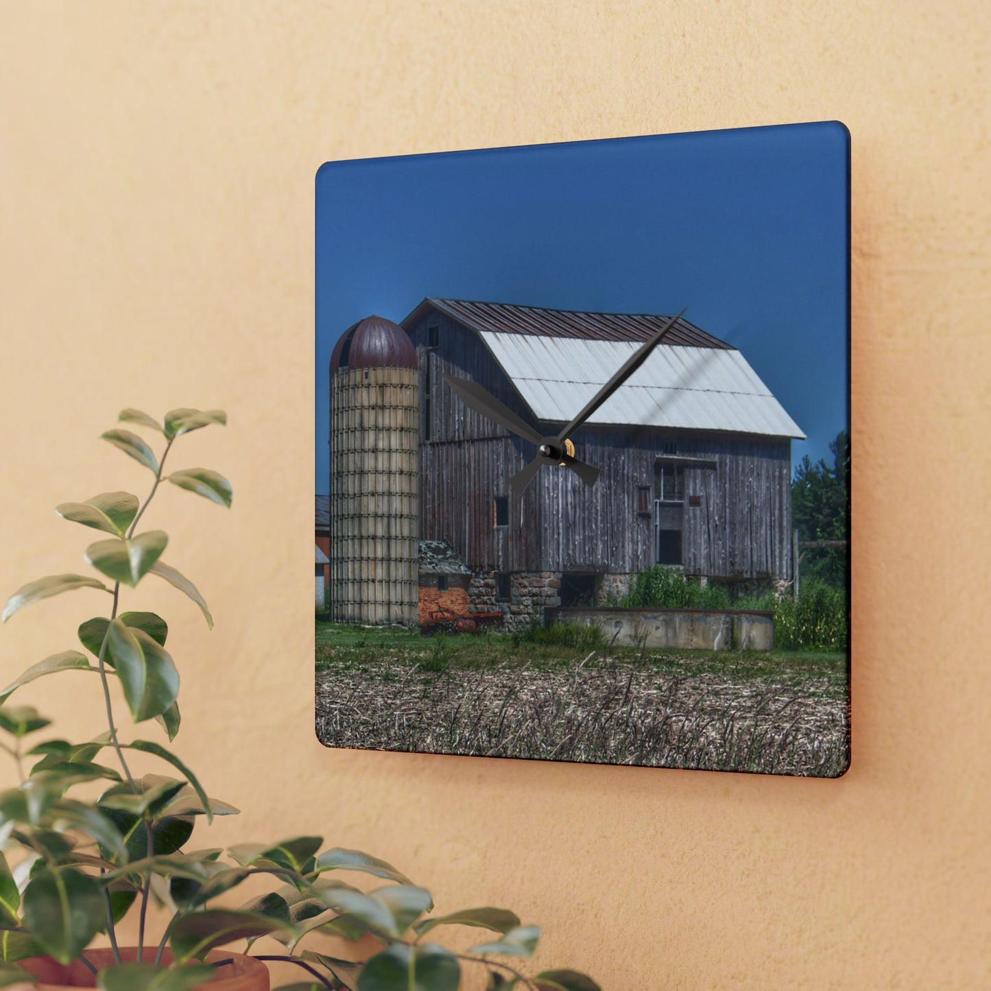 U R There Photography East Millington Road Grey and Stable II Rustic Farmhouse Acrylic Analog Wall Clock