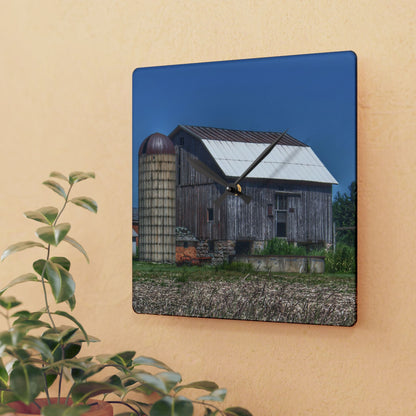 U R There Photography East Millington Road Grey and Stable II Rustic Farmhouse Acrylic Analog Wall Clock