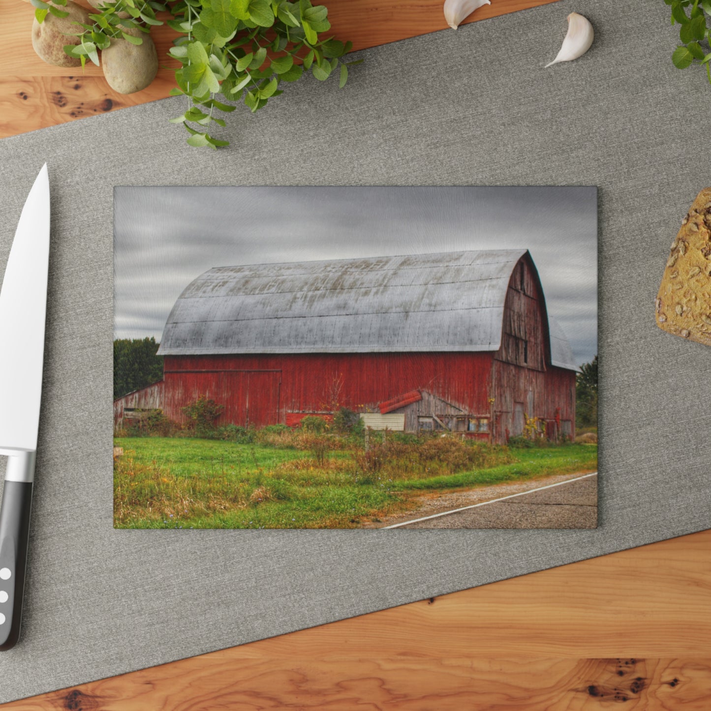U R There Photography Valentine Road Red Saltbox Rustic Farmhouse Tempered-Glass Cutting Board