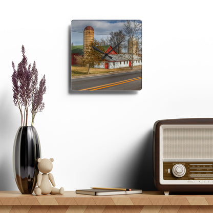 U R There Photography Newark Road Red and Silos III Rustic Farmhouse Acrylic Analog Wall Clock