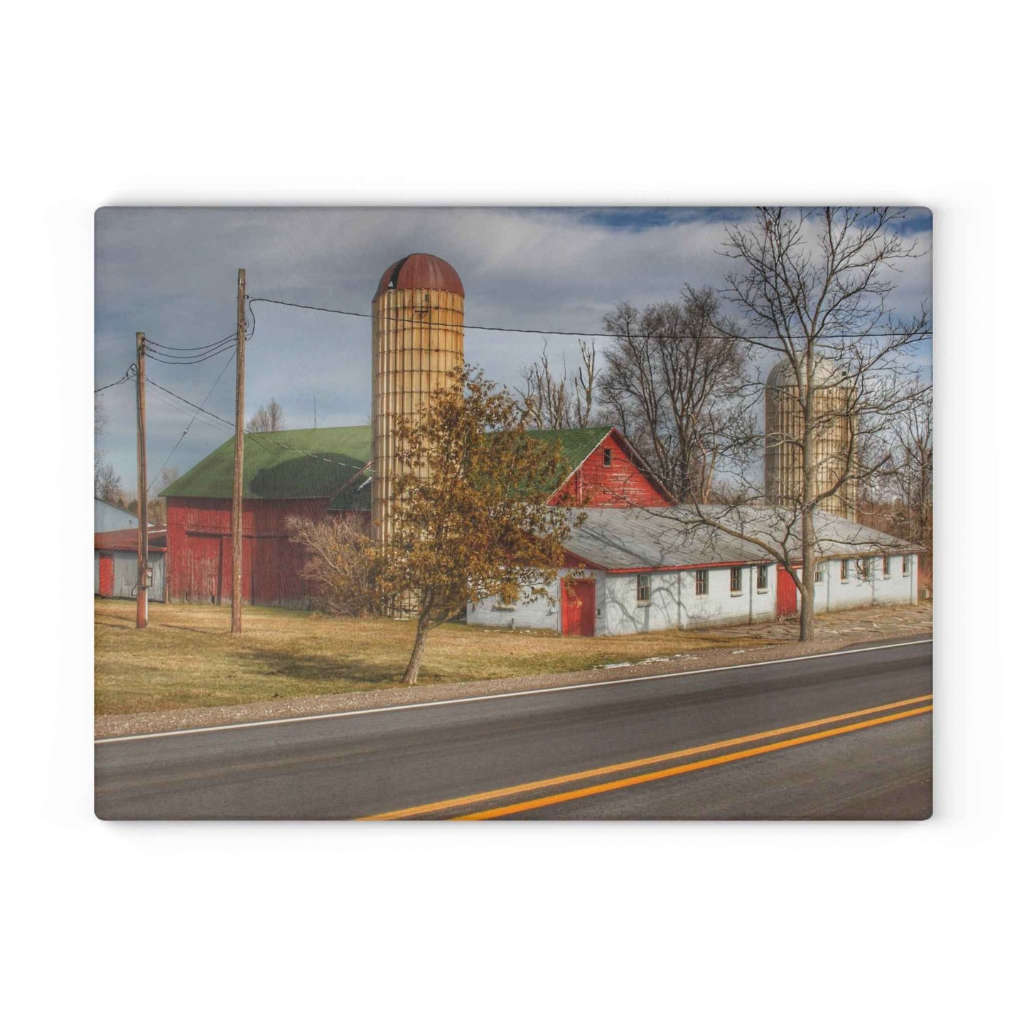 U R There Photography Newark Road Red and Silos III Rustic Farmhouse Tempered-Glass Cutting Board 8"x 11"