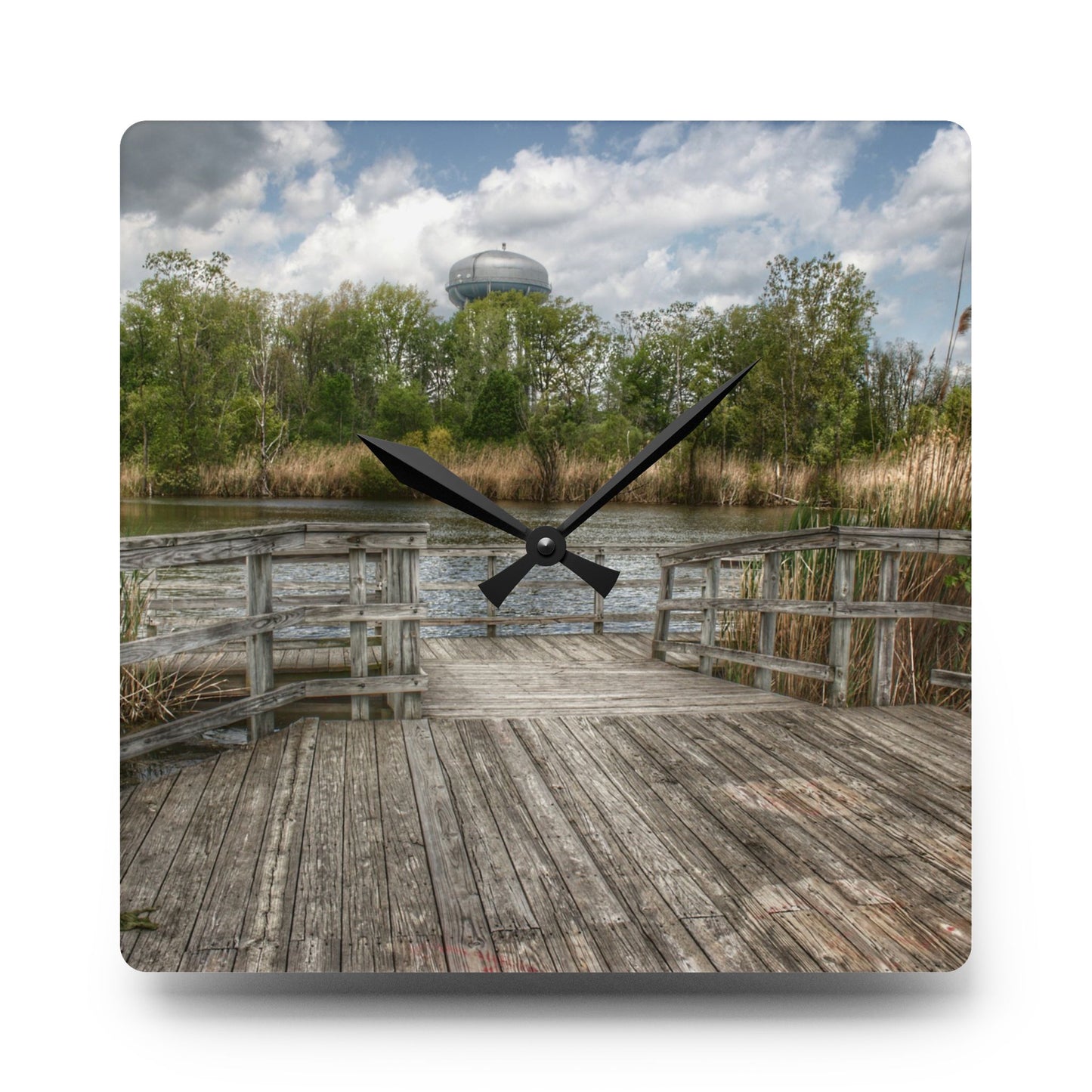 U R There Photography Bridge Overlooking Water Tower Park in Lapeer Rustic Farmhouse Acrylic Analog Wall Clock