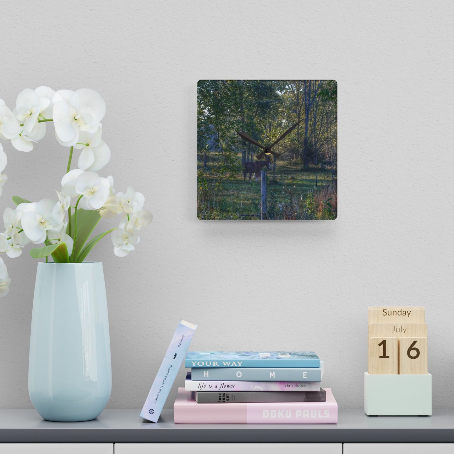 U R There Photography Chestnut Horse Among the Trees Rustic Farmhouse Acrylic Analog Wall Clock