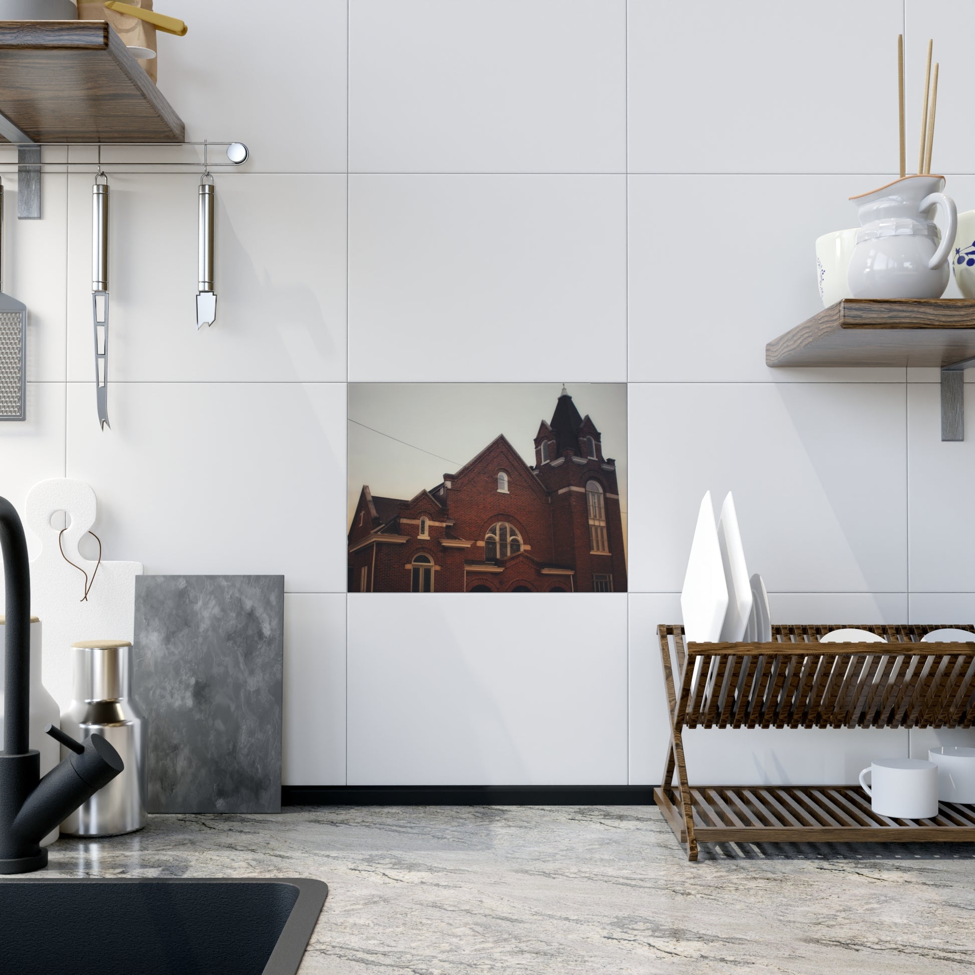 U R There Photography Brown City Methodist Church Rustic Farmhouse Decorative Ceramic Tile 6" × 8" Glossy