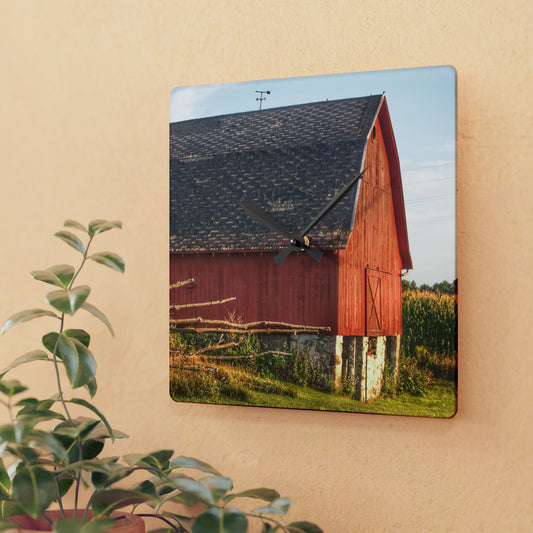 U R There Photography Otter Lake Road Red II Rustic Farmhouse Acrylic Analog Wall Clock