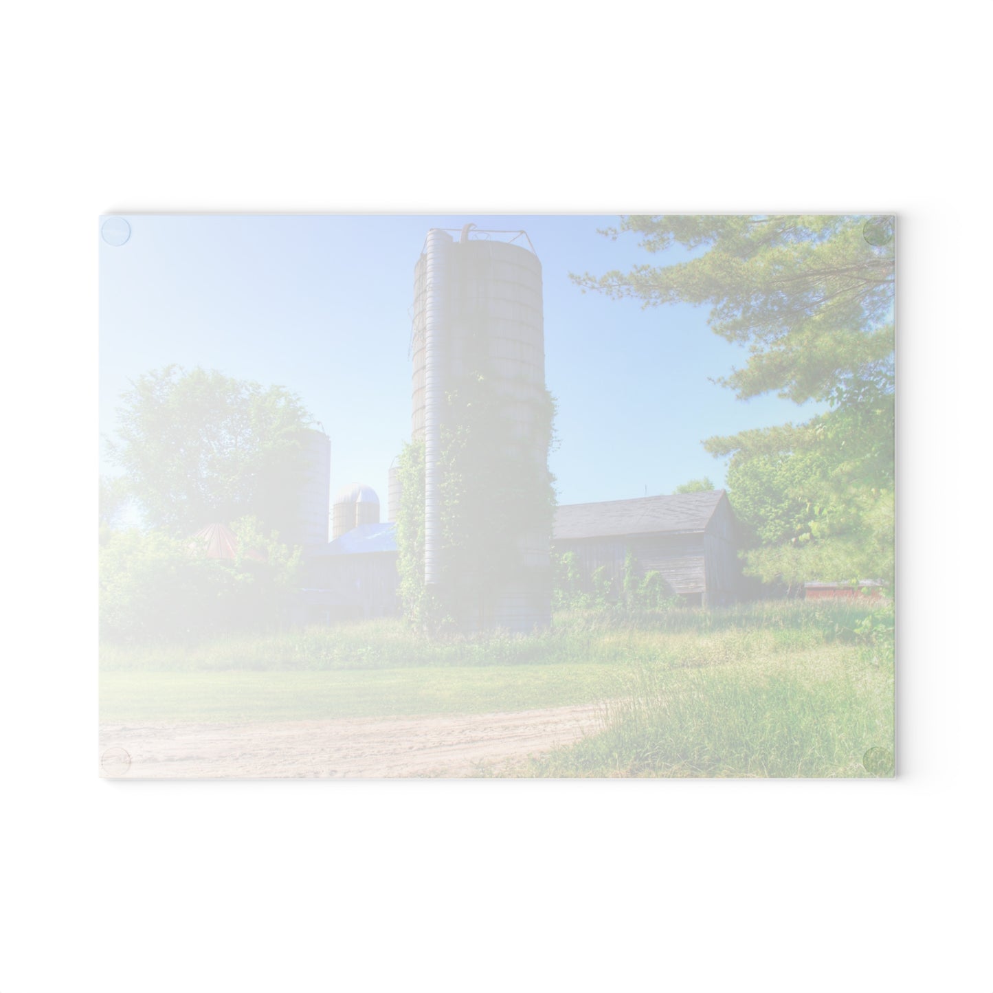 U R There Photography Bordman Road Old Grey and Silo II Rustic Farmhouse Tempered-Glass Cutting Board