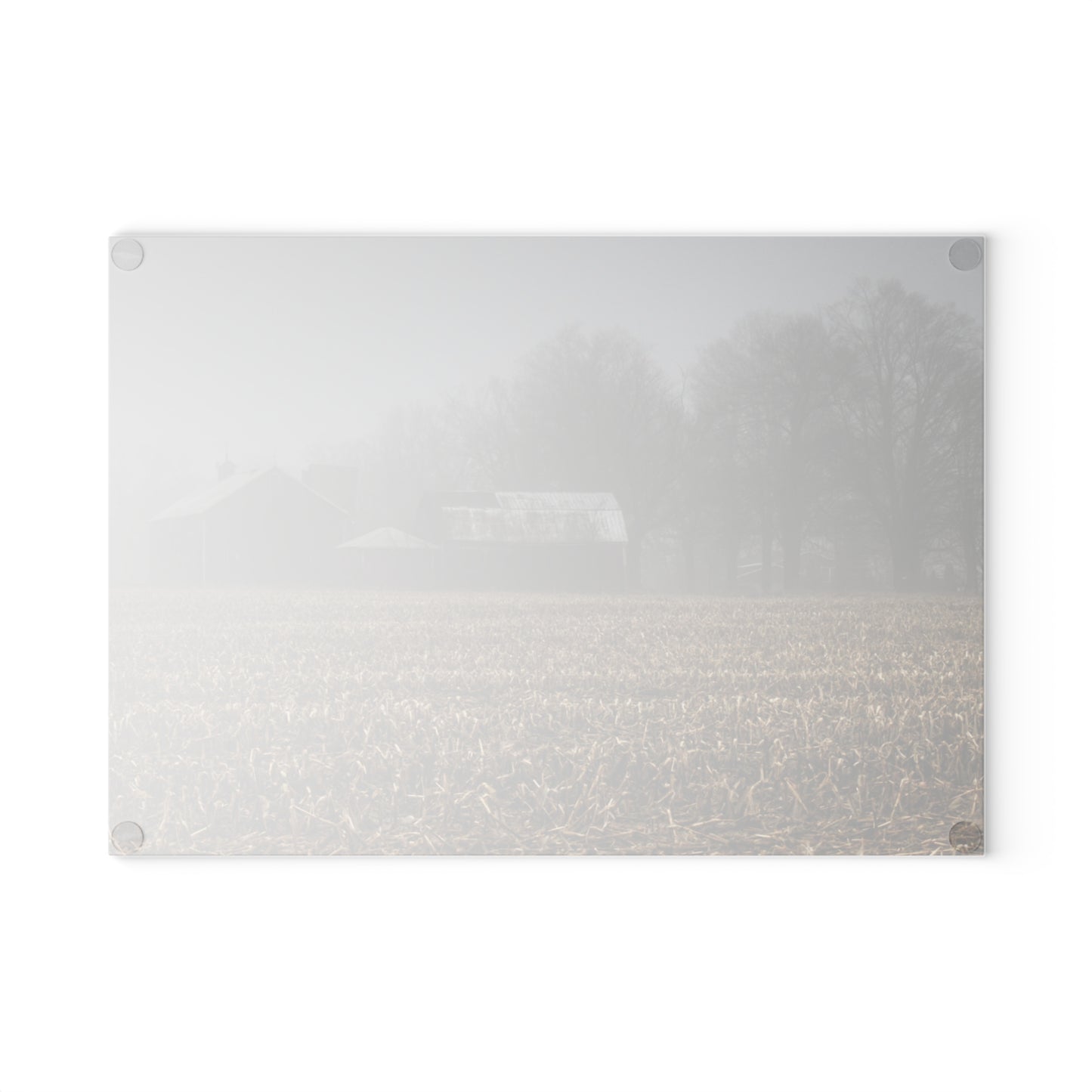 U R There Photography Farm in the Fog on Barnes Road Rustic Farmhouse Tempered-Glass Cutting Board
